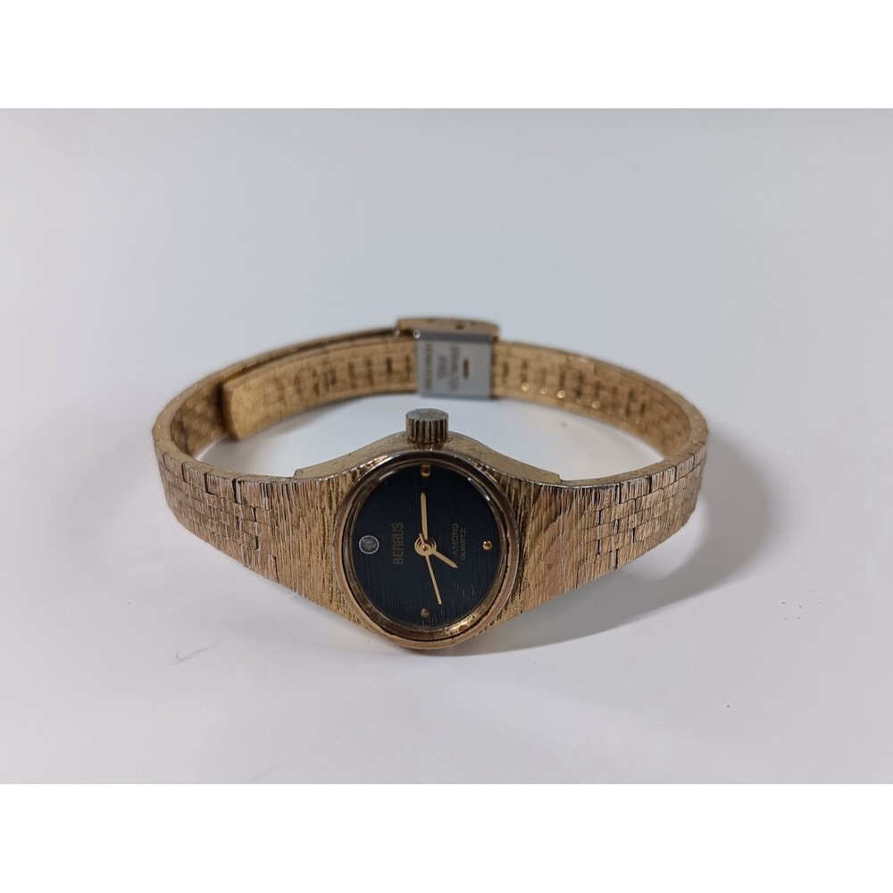 Benrus Women's Quartz Diamond Watch Black Oval Bezel Gold Tone Textured Link Vtg